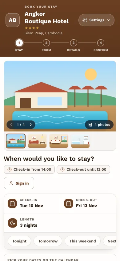 The booking engine's calendar on a phone, with three nights chosen