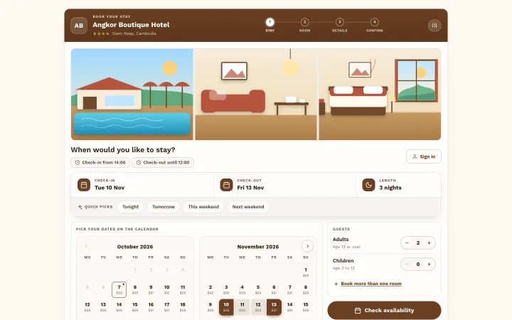 The OtelCloud booking engine on a computer: a calendar with the price of each night, guests and a Check availability button